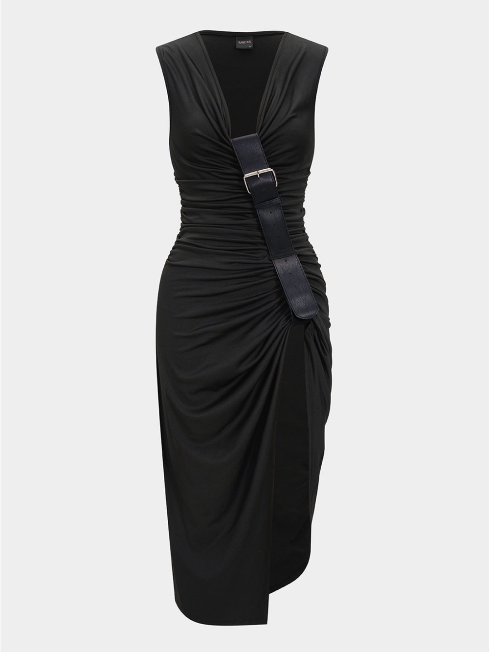 Asymmetrical Black Ruched Midi Dress